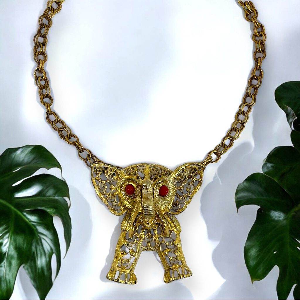 Vintage 60s 70s D&E Juliana Elephant Necklace Statement Pendant Articulated Rare